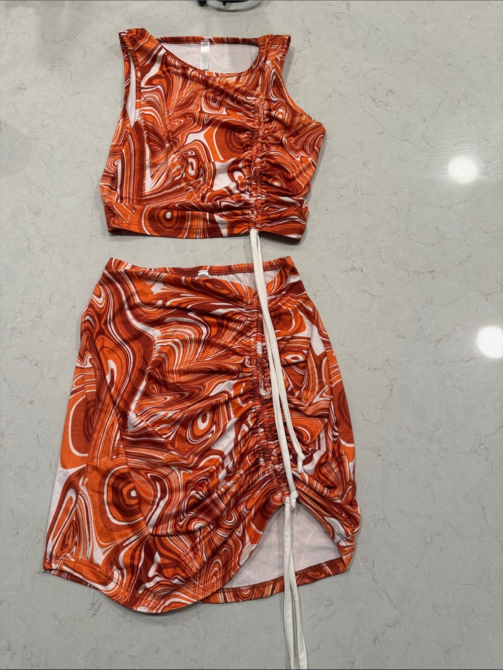 Ruched Orange Marble-Print Women's Skirt Set